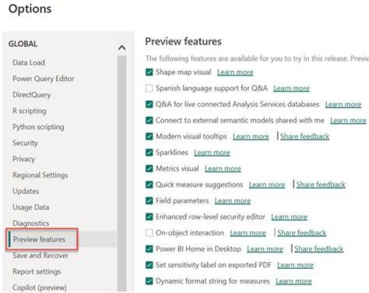 Preview Features, Environment, Options dialog box Visual Studio