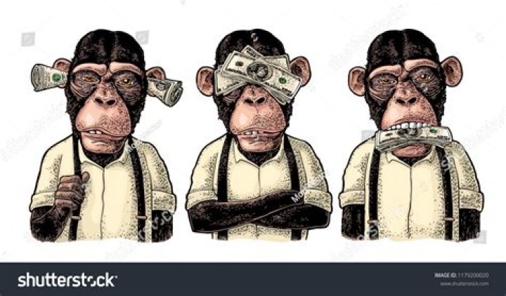 Three wise monkeys with money on ears, eyes, mouth. Not see, not hear